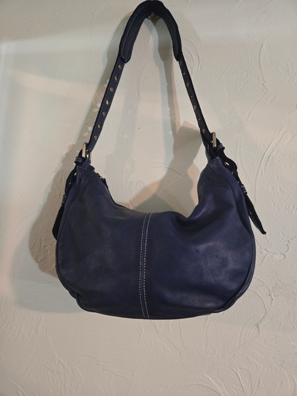 High-quality, distressed navy blue Leather Medium Hobo Bag with Grommet Strap Ad